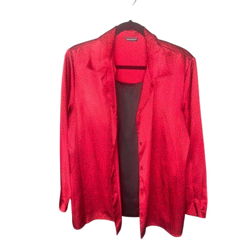 Vintage 90s Notations Women's Red Silk Button-Up Shirt Size M